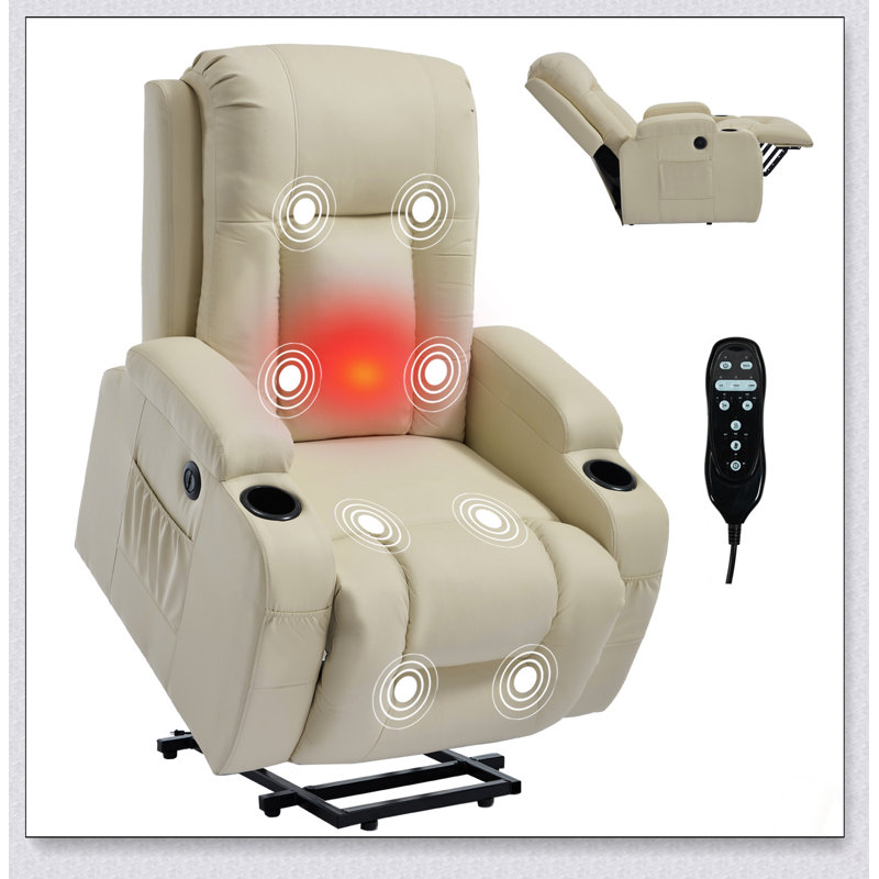 PU Infinite Position Power Lift Recliner Chair For Elderly, Heavy Duty With 8-Point Vibration Massage, Lumbar Heating, USB Port, And Cup Holders