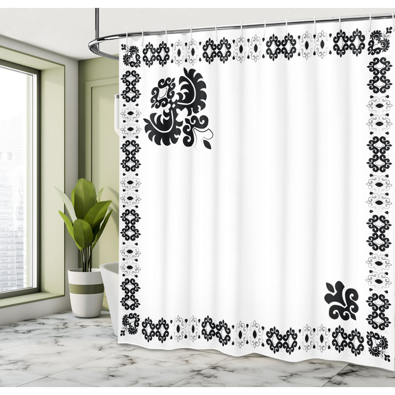 East Urban Home Turkish Pattern Shower Curtain Oriental Frame Black White, 70"H x 69"W