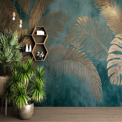 Luxury Teal & Gold Tropical Palm Leaf Wallpaper Mural, Elegant Botanical Monstera Design For Living Room, Dining Area & Modern Glam Interiors