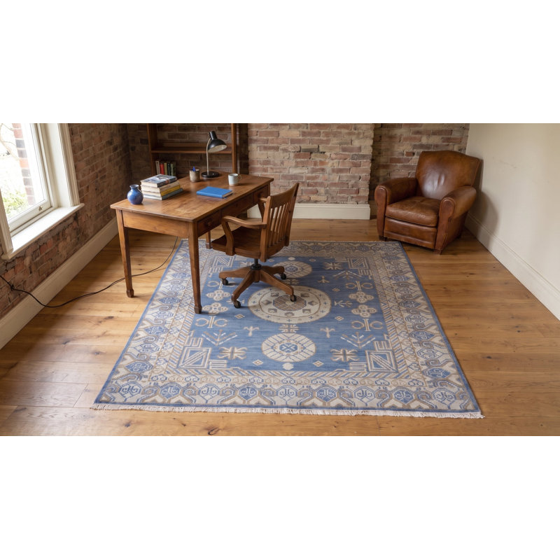 Tapis bleu moderne à motif géométrique en laine noué à la main à motif de médaillons circulaires, 6 pi x 9 pi