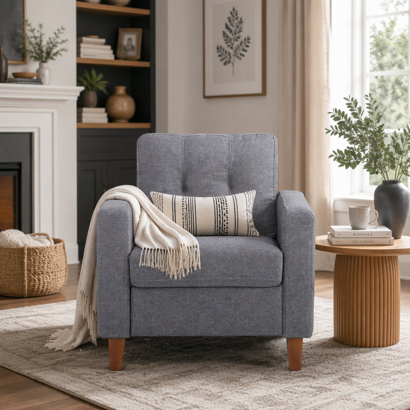 Chaise rembourrée capitonnée avec accoudoirs à boutons carrés, tissu en polyester pour mobilier de salon transitionnel