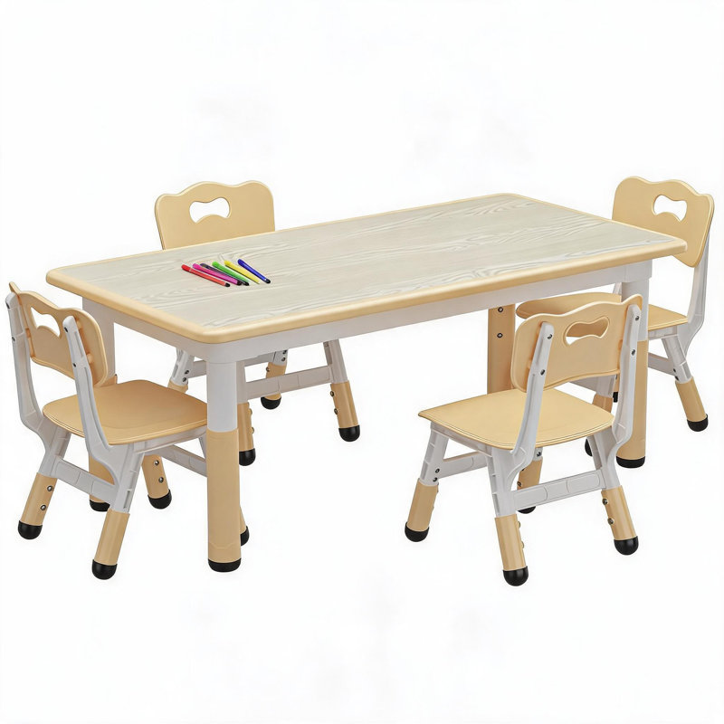 Ensemble de table et 4 chaises pour enfants, hauteur réglable, pour les enfants de 2 à 10 ans. Plateau de bureau de style graffiti, pieds antidérapants. Parfait pour la garderie, l'école ou la maison. Beige.