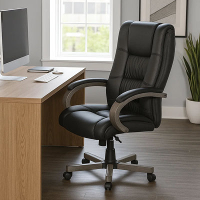 Zoey High-Back Executive Chair, Black Vinyl, Grey Wood Finish