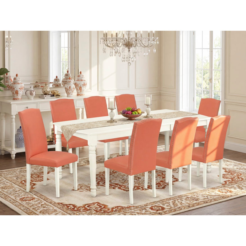 Cet ensemble de salle à manger 9 pièces comprend une table de salle à manger rectangulaire avec feuille papillon et 8 chaises rembourrées en similicuir flamant rose, blanc lin