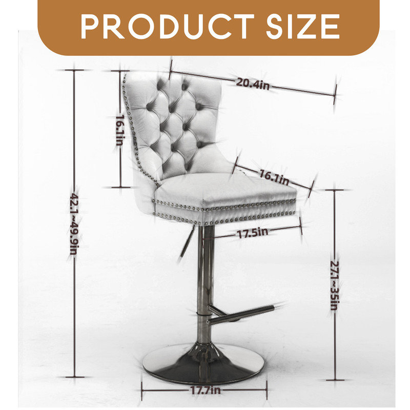 Set of 2 Adjustable Swivel Bar Stools - 25 to 33 Inch Height Velvet Upholstered Stools with 17.7" Chrome Base, Tufted Diamond Pleating & Spring Cushion for Kitchen Island & Home Bar