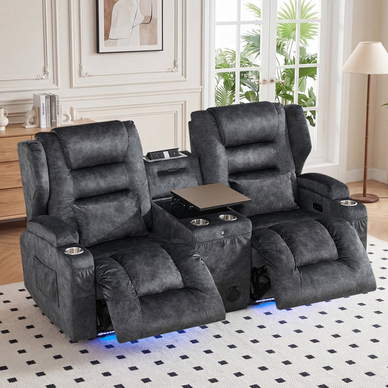 Zero Wall Power Reclining Loveseat With Lift-Top Console, Bluetooth Speakers, LED Lights, USB Charging, Cup Holders For Living Room， Rvs & Home Theater
