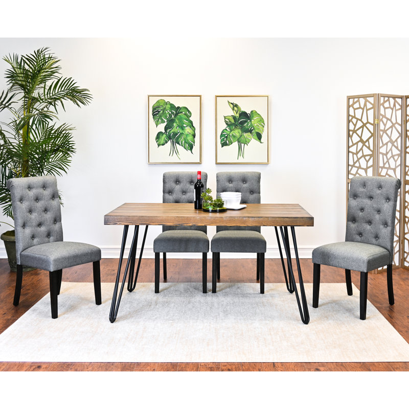 5 ensembles repas: table en épingle à cheveux avec grain de bois naturel, ensemble de 4 sièges confortables: table à plateau foncé, choix de chaises élégantes