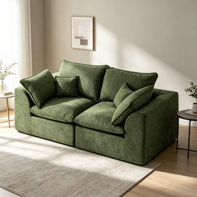 Cloud Sectional Couch，I Shaped Modular Sofa, 2 Seater Boneless Couch， No Assembly, Green
