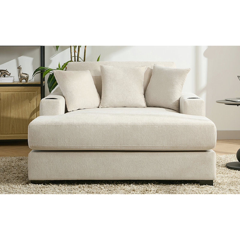 Chaise longue moderne de 140 cm avec revêtement en chenille crème, poste de charge et porte-gobelets pour des fins de semaine de détente dans des espaces de vie confortables.