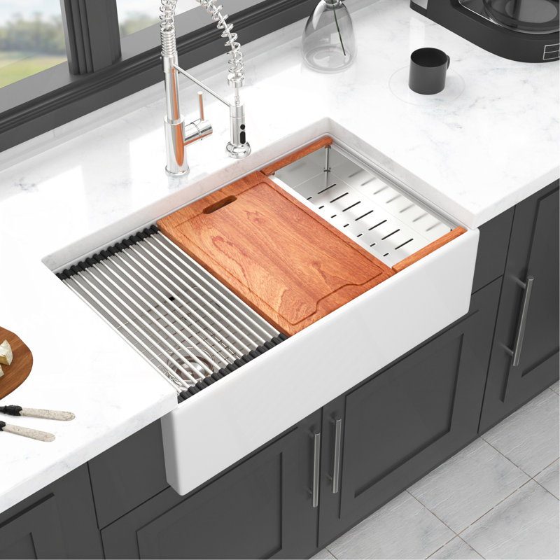 White Farmhouse Sink Workstation - 33 Inch White Ceramic Double Bowl Farm Kitchen Sink
