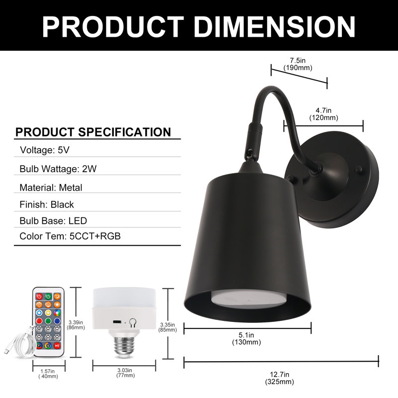 2-Lights Iron Armed Sconce RGB Dimmable, Matte Black