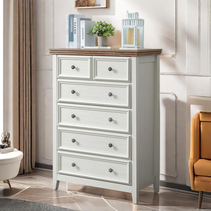Jerrlyn Modern Dresser with 6 Drawers, Metal Handles and Wood Grain Surface