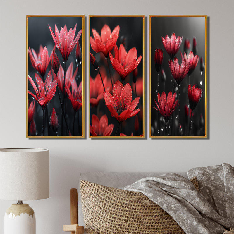 Monochromes rouges, noirs, pissenlits, gouttes de pluie, H 28 po x l 36 po, Impression encadrée flottante, Doré