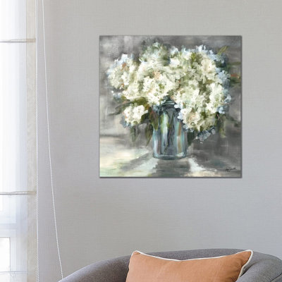 White and Taupe Hydrangeas Sill Life 1 Piece Wrapped Canvas Wall Art