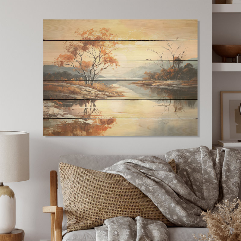 Lakes Serenity Charm Liquid Art - Lake River Wood Wall Art On Natural Pine Wood, 24" H x 32" W