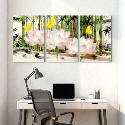 Fleurs de lotus et jardin de bambou, reproduction d'aquarelle sur toile tendue, ensemble de 3 peintures à l'huile pour salon