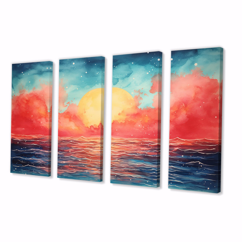 «Lake at Symphony Of Sunrise - Minimalisme abstrait», ensemble de 4 pièces d'art mural, H 28 po x l 48 po