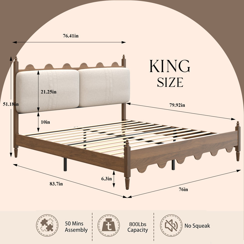 Cadre de lit King Size avec tête de lit rembourrée, pieds en bois massif, design festonné vintage, sommier non requis, support robuste, montage facile, finition noyer
