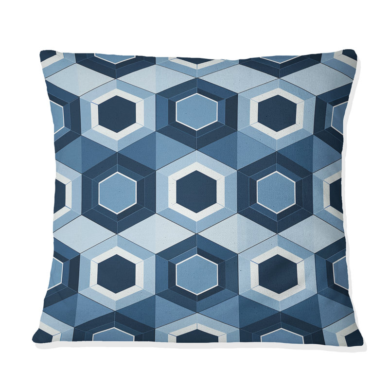 Imprimé hexagonal bleu et blanc - coussin décoratif moderne, H 18 po x l 18 po