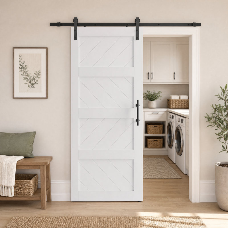 Porte de grange préfabriquée en bois manufacturé avec trousse de quincaillerie d'installation, 30 po x 84 po, Blanc