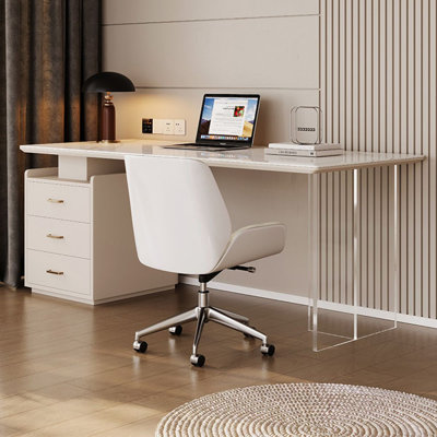 Beige-white Rectangular Sintered Stone + Manufactured Wood + Acrylic with 3 drawers desk