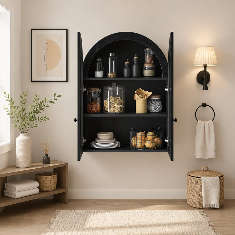 Armoire murale cintrée en placage de bois avec portes en verre trempé et tablette réglable, Black