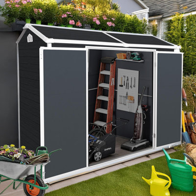 Jaxenor 8x4 FT Resin Storage Sheds Outdoor with Floor Included, Plastic Sheds & Outdoor Storage Clearance with 2 Windows and Lockable Door, Backyard Storage Sheds for Garden Tools, Bike