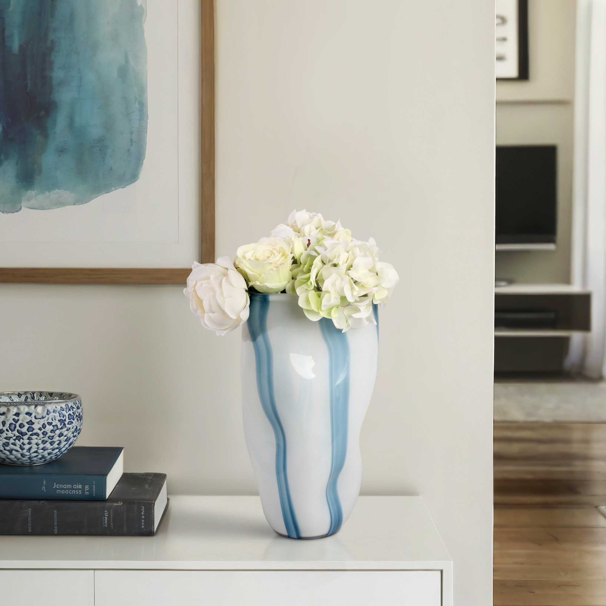 Joss & Main 14" Beldan Large Blue Glass Vase, 14" H X 9" W X 8" D