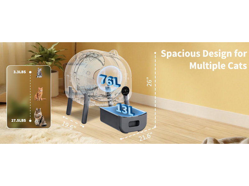 Bac à litière autonettoyant de 76 L avec contrôle par application, conception entièrement fermée, poubelle étanche de 15 L, veilleuse 7 couleurs, capteurs de sécurité pour les foyers avec plusieurs chats.