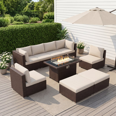 Ensemble de canapé modulaire en osier 9 pièces avec table de foyer et coussins de siège profond 9 pièces