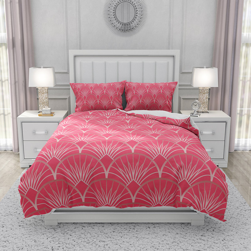 Ensemble de housse de couette en microfibre rose et blanc 3 pièces, Housse de couette pour grand lit + 2 taies décora