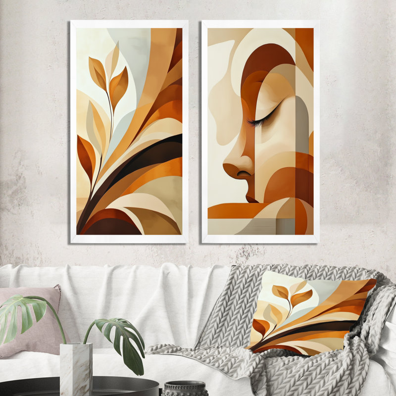 Formes bohèmes superposées III - Ensemble de 2 toiles abstraites bohèmes, 40" H x 40" W, White Picture Framed