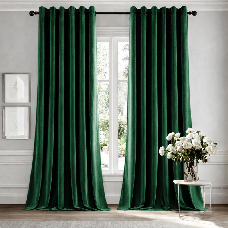 Heavy Crushed Ready Made Velvet Eyelet Curtains (Set Of 2), Green, 228cm Width x 228cm Height