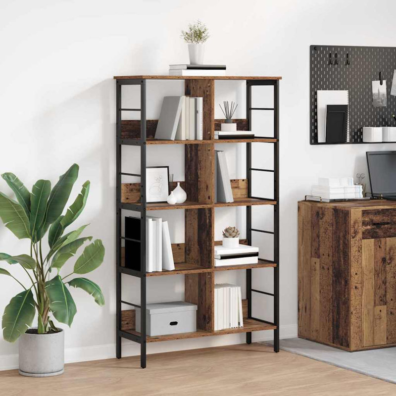82cm W Steel Etagere Bookcase, Old Wood, (4 Shelves) 144.5cm. H x 82cm. W x 32cm. D