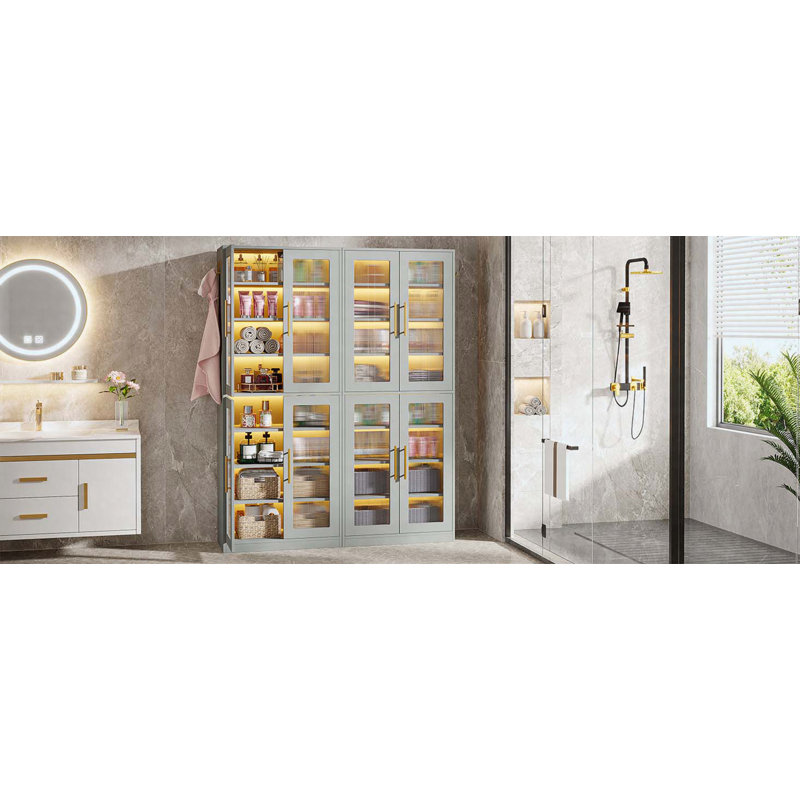 Bibliothèque de 67 po de hauteur avec portes, éclairage DEL et 8 tablettes de rangement réglables, Grey