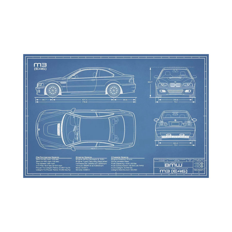 Impression sur toile tendue, "M 2" (E46) par Action Blueprints, H 40 po x l 60 po x 1,5 po