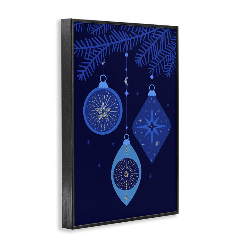 Ornements suspendus bleus, estampe numérique de Victoria Barnes, H 18 po x l 12 po, Giclée encadrée noir minuit