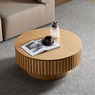 Table basse ronde en bois de 31,49 po avec rangement pour le salon, table basse tambour artisanal moderne, table basse circulaire en bois pour petit espace.