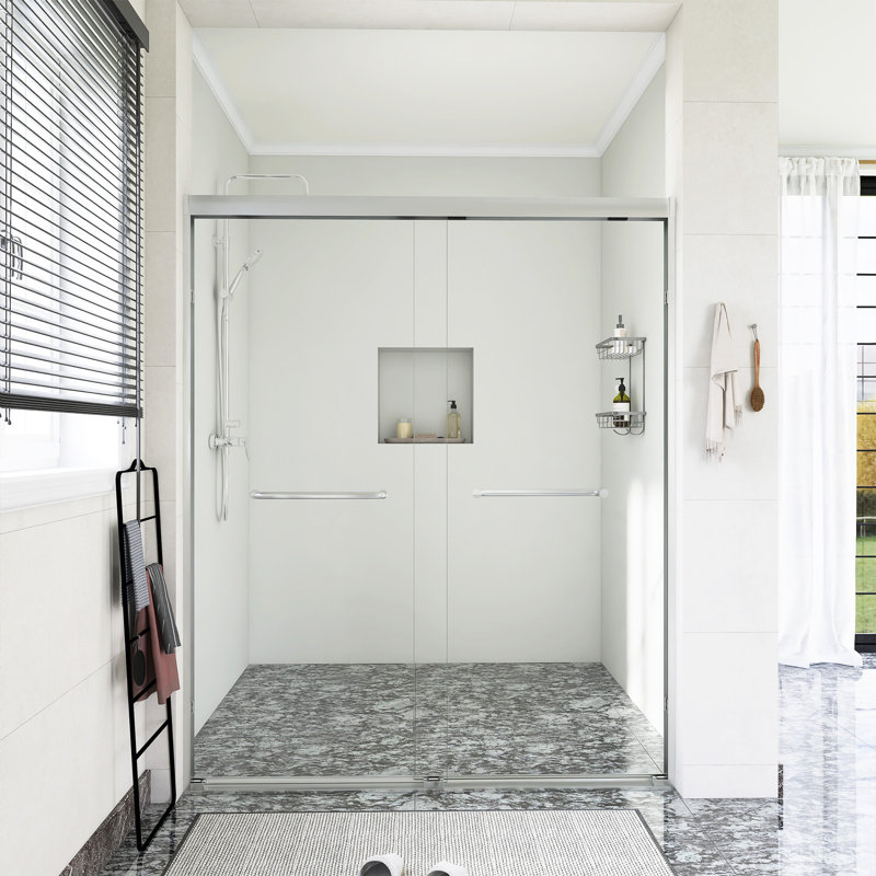 Porte de douche coulissante double l 56 à 60 po x H 72 po avec film antidéflagrant, Nickel brossé