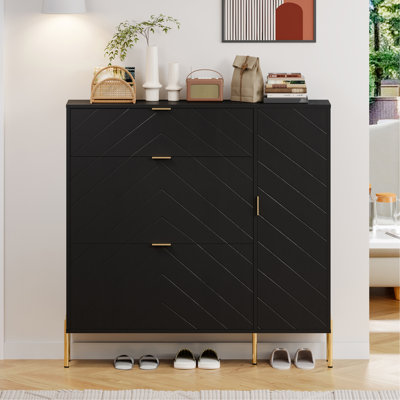 MDF Shoe Storage Cabinet With Flip-Up Drawers And Shelves(Black)