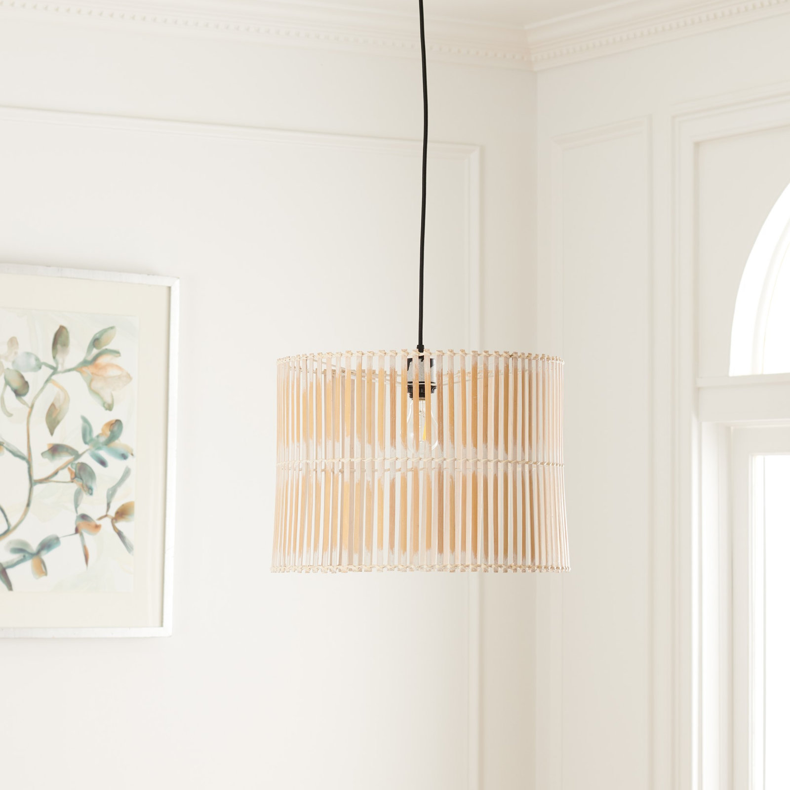 Fareholm Single Light Rattan Dimmable Pendant, White Washed