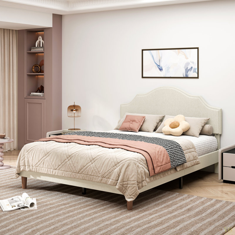 Lit plateforme tapissier grand format avec tête de lit réglable, rembourrage en tissu de lin, lit plateforme de style simple et moderne, pas de sommier tapissier requis, assemblage facile
