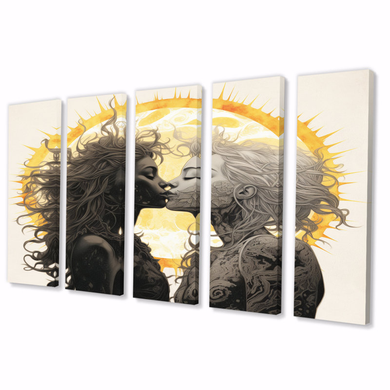 Amoureux s'embrassant au soleil - Illustration rétro sur toile - 5 panneaux égaux