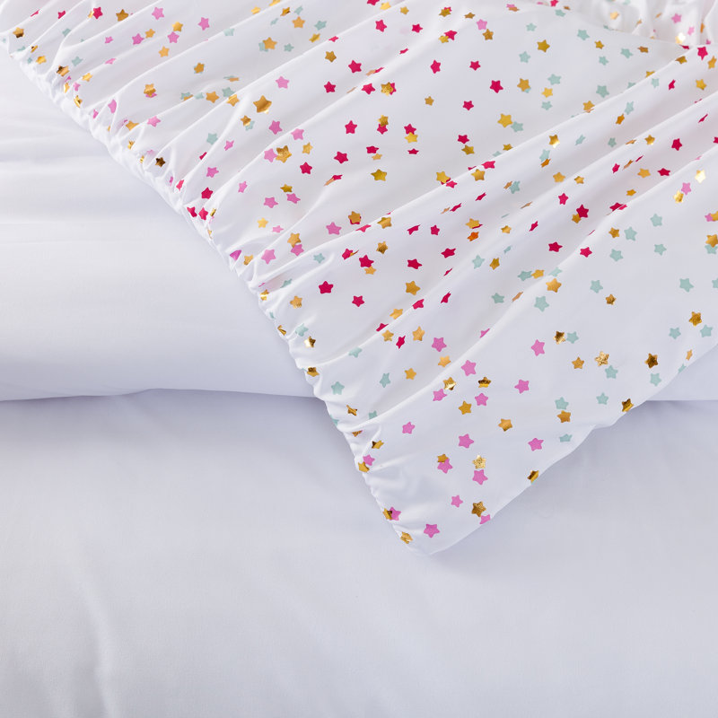 Iridescent Stars Ruched White Microfiber Comforter Set, Full/Queen Comforter + 2 Shams