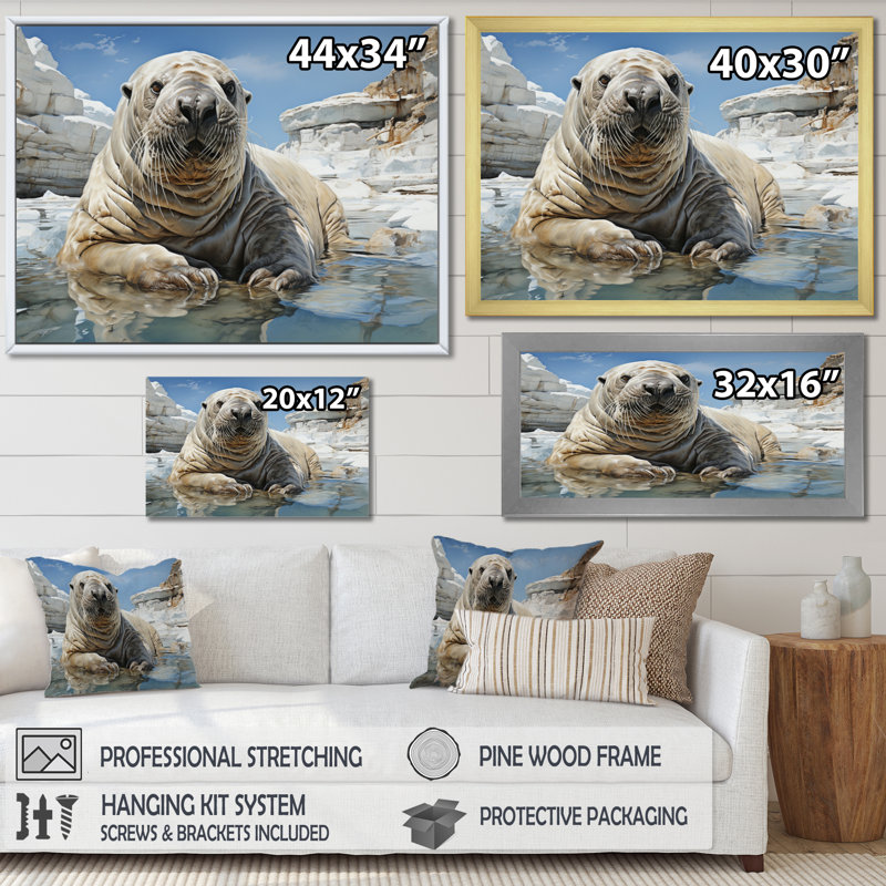 «Walrus Walrus Wonder», reproduction d'art sur toile, H 24 po x l 32 po x P 1 po, Cadre flottant blanc