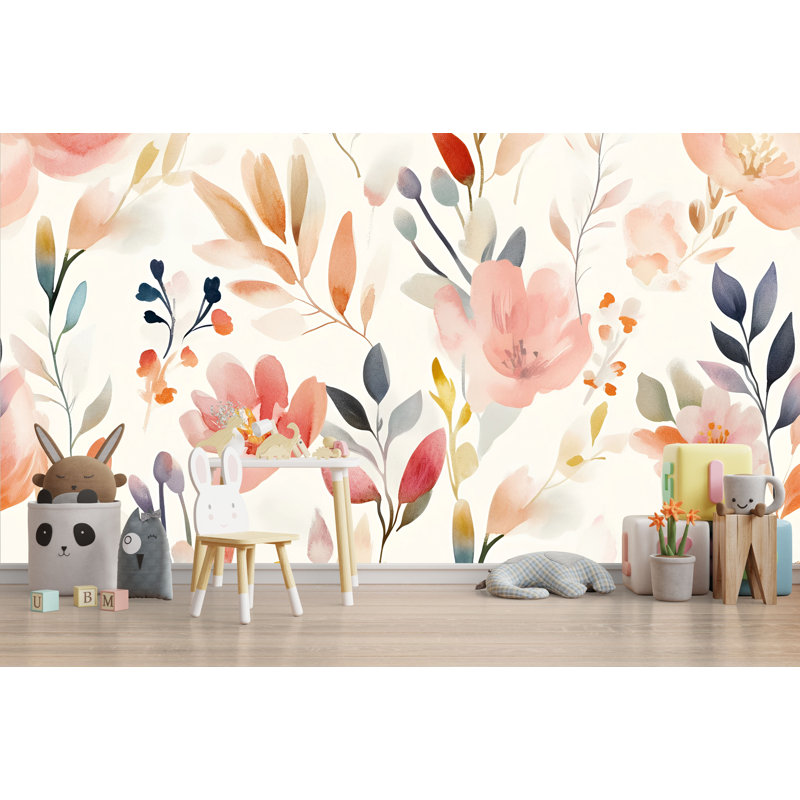 Papier peint botanique aquarelle Wildflower, L 144 po x l 100 po, Peler et coller