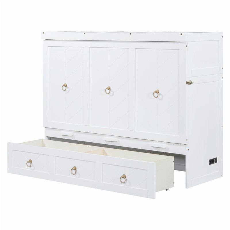 Lit escamotable avec port USB et grand tiroir, Blanc, Grand lit