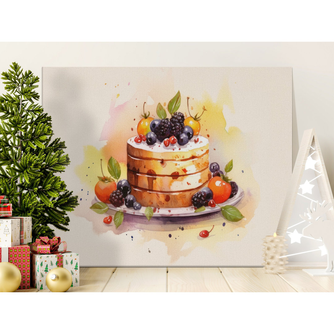 Watercolor Berry Cake Canvas Print, Whimsical Kitchen Decor, Cottagecore Aesthetic Wall Art, Foodie Gift, Sweet Dessert Illustration