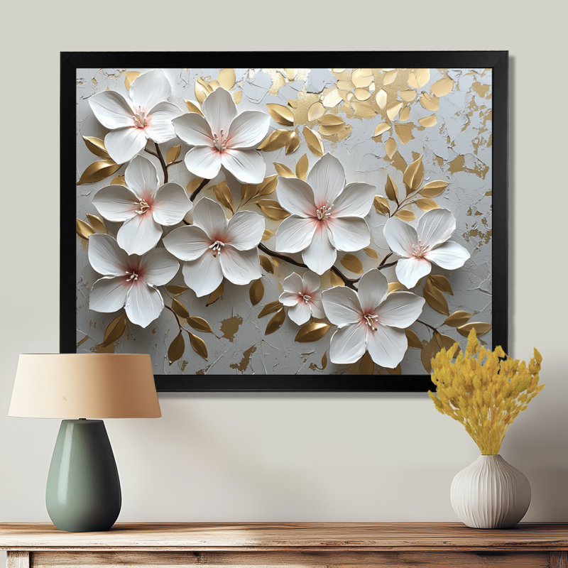 Moniesha crème et rhododendron doré radiant II - art mural grand rhododendron, H 34 po x l 44 po, Noir, noir, noir, noir