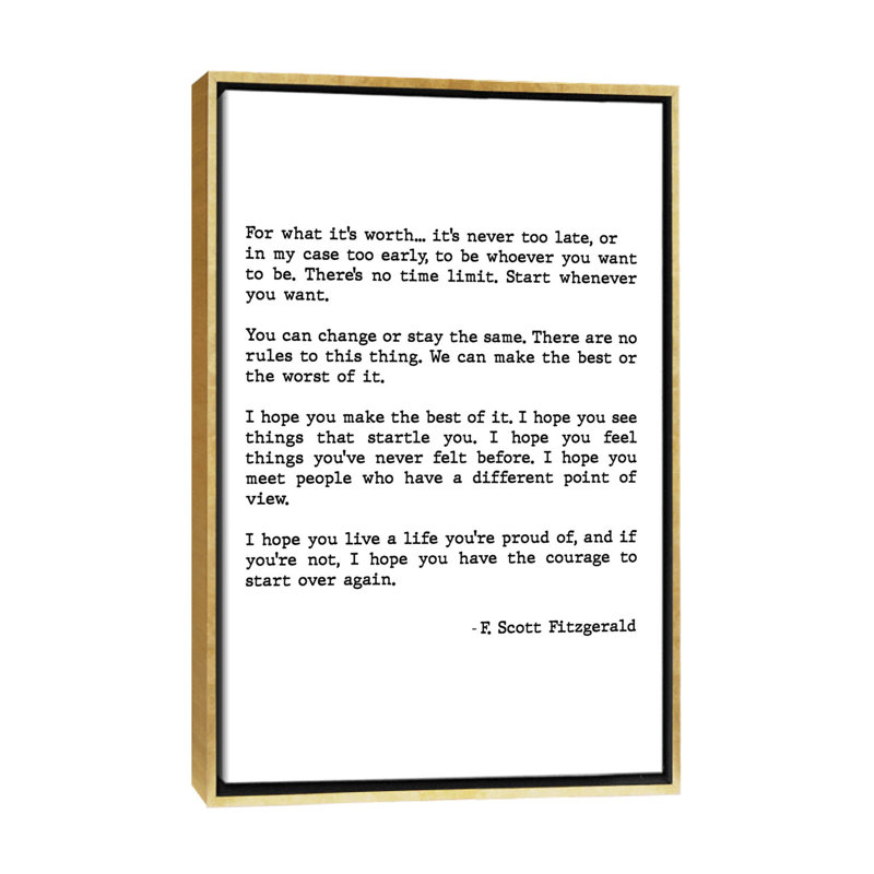«For What It's Worth» par Scott Fitzgerald, impression d'art textuel, H 26 po x l 18 po x 1,5 po, Toile encadrée d'or